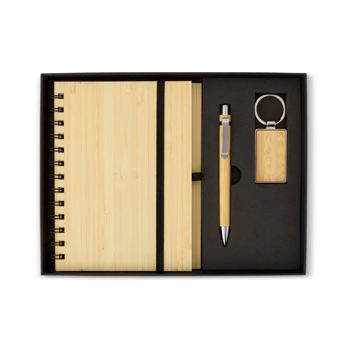 Kit executivo de bambu com caderno, caneta e chaveiro